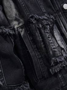 Manfinity Homme Men's Casual Long Sleeve Rapper Street Wear Plain Dark Denim Jacket With Color Block, Front Button Pockets, For Party Going Out Hang Out Disco Vacation Street, For Fall