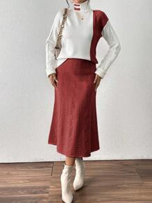 Calvaya Vestido largo elegante y de moda con escote en V, contraste de colores, lazo, manga con campana de cola de pez, para otoño/invierno, estilo europeo y americano