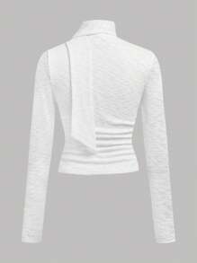 SHEIN Teen Girl Elegant White Tie Decor Neck Knitted Long Sleeve Loose Fit T-Shirt - White - View 2