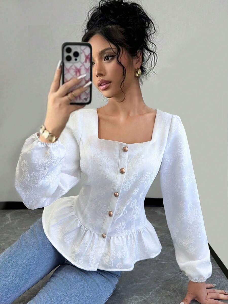 Chiquease Top Elegante para Mulheres com Textura Tecida, Gola Quadrada, Manga Lanterna e Babado - Bege - Visão 1