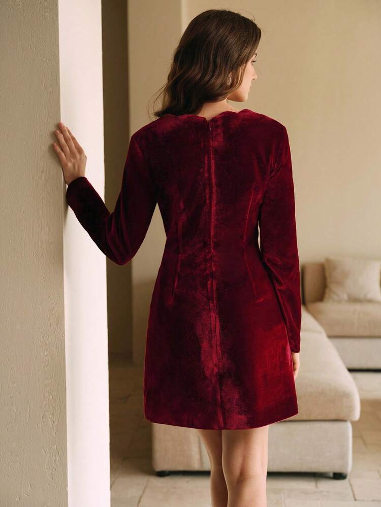 Elegant French Vintage Floral Lapel Velvet Shiny Long Sleeve Crystal Embellished Dress Burgundy Corduroy Women Outfit