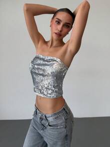 Aloruh Top court tube sexy pailleté, argent, pour Noël/Nouvel An Fête - Argent - Voir 6