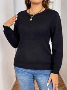 SHEIN Unity Einfarbiger Lässig Pullover in Große Größen für Herbst und Winter, Herbst Damen Curvy - Schwarz - Übersicht 6