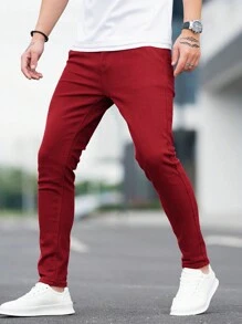 Manfinity Homme Men's Casual Denim Jeans, Minimalist & Fashionable For Daily Wear - Red - View 3