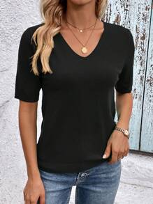 SHEIN Clasi All-Match Solid V-Neck Casual Short Sleeve Knit Top,Knitted Sweater - Black - View 4