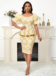 SHEIN Lady Vestido elegante y precioso de manga abullonada con diseño de hoja de loto que cubre la cintura, vestido midi con brillo para mujer, vestido de fiesta - Amarillo - Ver 6