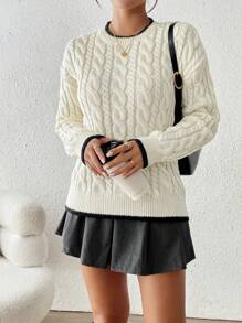 Chiquease Áo len dệt kim cổ tròn tay dài ấm áp họa tiết cáp viền tương phản cỡ lớn dành cho nữ, mùa thu/đông - Nhiều màu - Xem 4