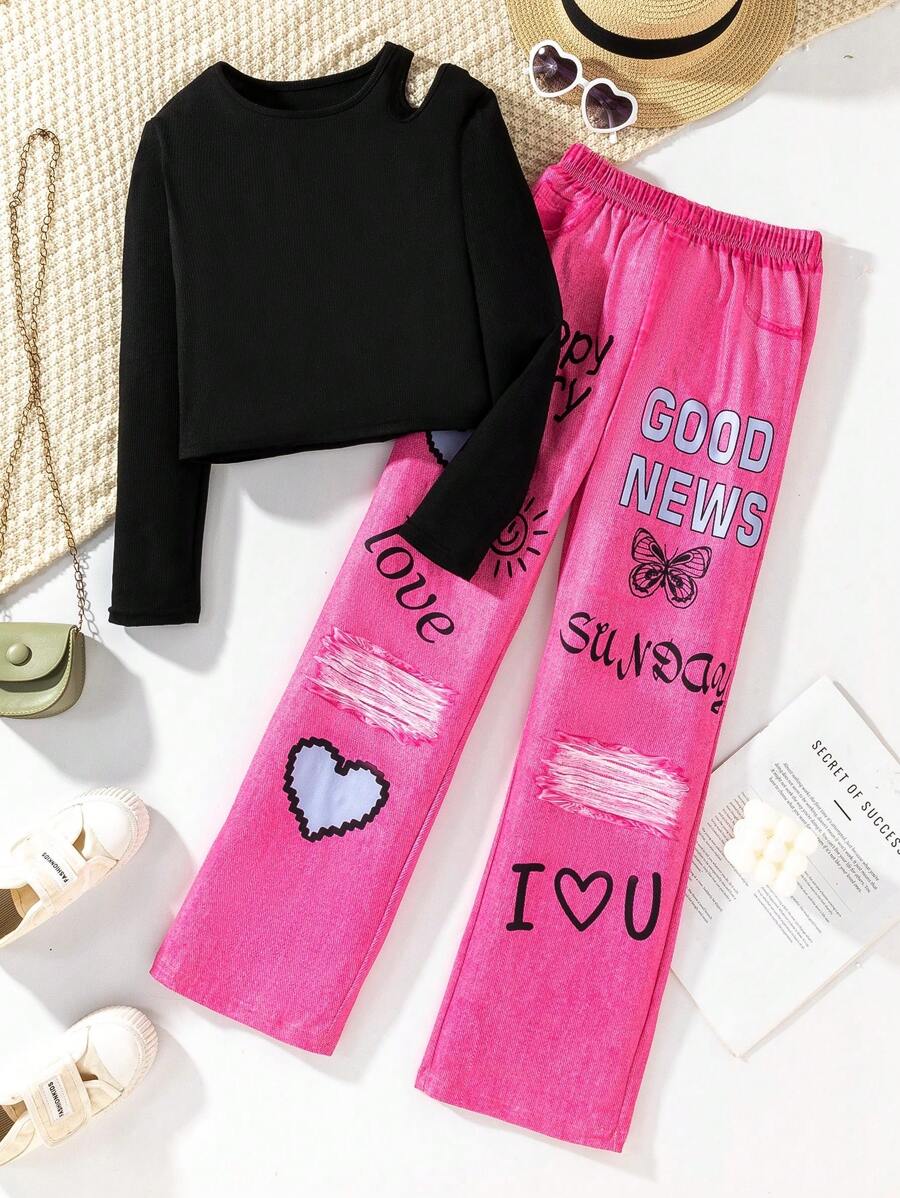 SHEIN Set de 2 piezas: Top de manga larga con hombros descubiertos rosa rojo + Pantalones largos con estampado de corazón para niña preadolescente - Rosa Fucsia - Ver 1