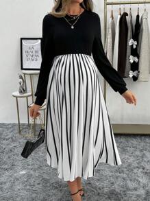 SHEIN Váy chắp vá sọc màu đơn giản cho bà bầu mùa thu - Đen và trắng - Xem 3