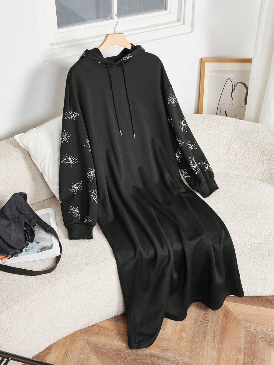 Seusyu 女士眼睛印花落肩抽绳连帽休闲阿拉伯风格长袖连衣裙 - 黑色 - 查看 1