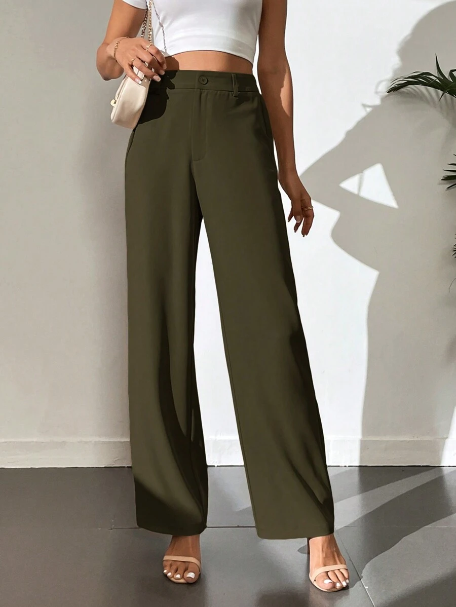 SHEIN Tall 女款休閒純色直筒長褲,適合高個女性 - 軍綠色 - 查看 1