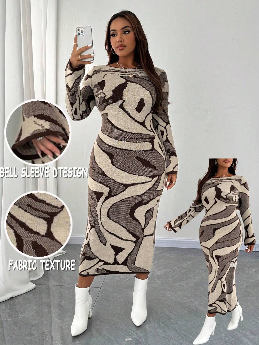 SHEIN Unity Große Größen elegantes Damen Strickkleid mit langen Ärmeln und Blumenmuster, figurbetont, für den Winter