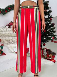 SHEIN Essnce Pantalon droit à jambes larges, imprimé de rayures, style décontracté pour femmes. Couleur rouge Noël. Vêtements de femme pour les fêtes - Rouge - Voir 2