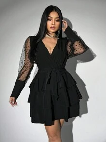 Viva Relle Vestido de manga larga con contraste de malla para tallas grandes - Negro - Ver 1