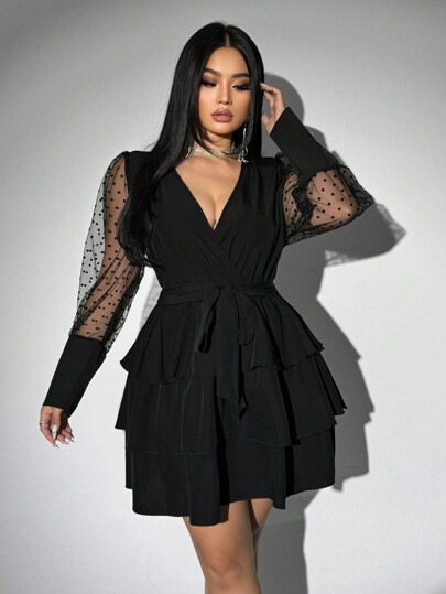 Viva Relle Vestido de manga larga con contraste de malla para tallas grandes