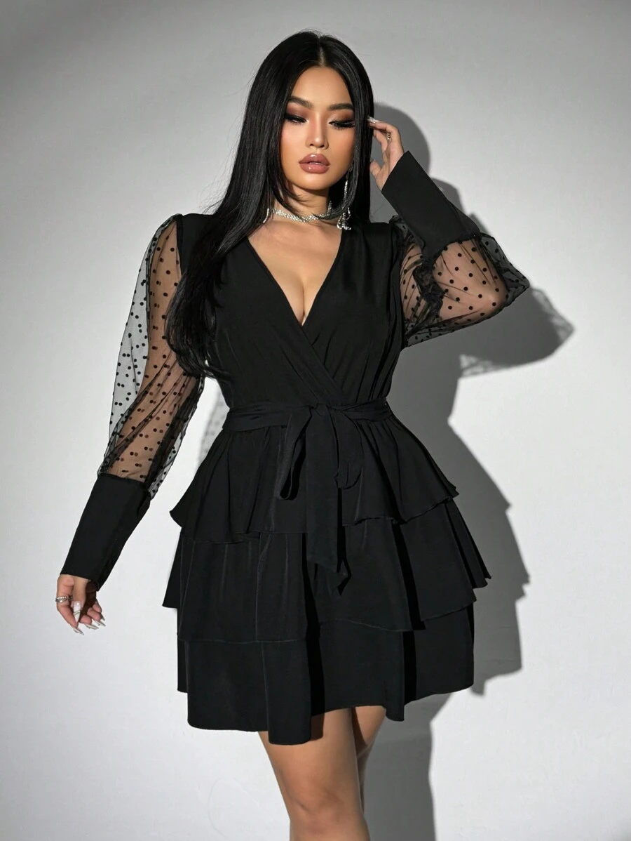 Viva Relle Vestido de manga larga con contraste de malla para tallas grandes - Negro - Ver 1