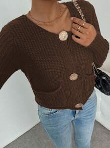 Chiquease Women's Casual Dual Pocket Button Front Cardigan, Suitable For Autumn/Winter - Coffee Brown - View 5