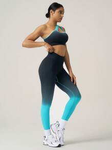 Gameset SHEIN Sport Ensemble de sport sans couture pour femme, Top à col asymétrique dégradé et pantalon, tenue de sport pour la salle de gym - Bleu azur - Voir 3