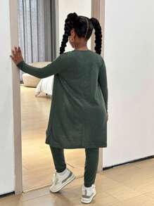 SHEIN Tween Girls 3pcs Set: Knitted Long Sleeve Cardigan, Sleeveless Tank Top, And High Stretch Leggings, Casual Sport Style - Green - View 2