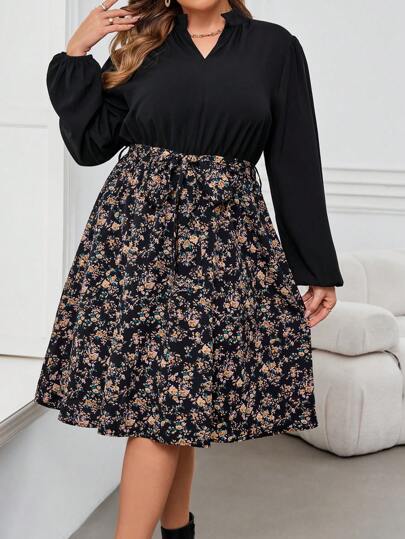SHEIN Clasi Plus Size Elegant Floral Print Colorblock Bell Sleeve Tie Waist Dress, Autumn/Winter