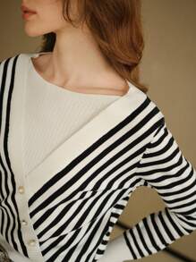 MOTF STUDIO WOOL STRIPED PATTERN BUTTON FRONT 2 IN 1 SWEATER