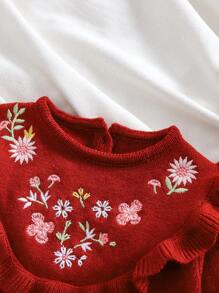 Baby Girl Casual Flower Embroidery Ruffle Hem Sweater Dress, Autumn/Winter