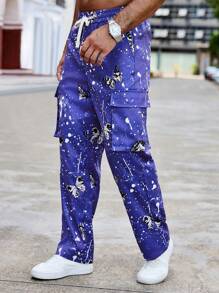 Manfinity Roughcore Pantalones cargo de hombre casuales de corte recto y sueltos con estampado de graffiti - Azul - Ver 4