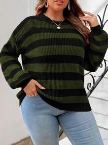 Calvaya Plus Size Women's Casual Striped Round Neck Drop Shoulder Long Sleeve Sweater, Autumn/Winter Knit Pullover Fall - Army Green - View 4