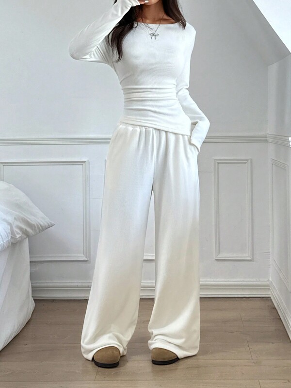 SHEIN EZwear 2pcs/Set Women White Round Neck Long Sleeve Fitted T-Shirt And Wide Leg Pants, Casual Outfit