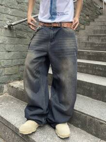 Manfinity EMRG 男士休闲多口袋简约设计牛仔裤，日常穿着 - 中等水洗藍 - 查看 6