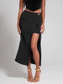 COSMINA Women's Solid Color A-Line Long Skirt With Side Slit, Elegant - Black - View 4