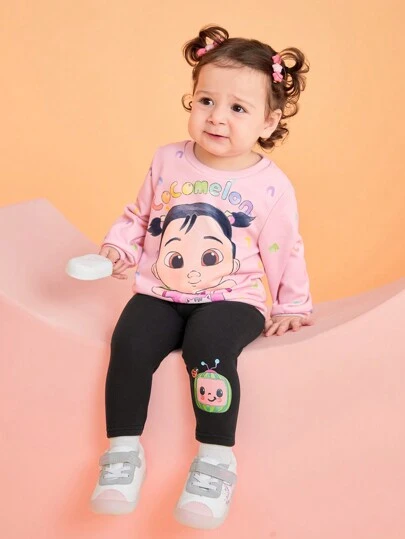 CoComelon X SHEIN Baby Girl 2pcs/Set Cartoon Adorable Casual Outfit , Includes Pink Letter Graphic Sweatshirt And Black Cute Watermelon Print Leggings, Suitable For Autumn/Winter