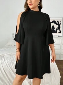 SHEIN Privé Váy chữ A hở lưng tay cánh dơi cỡ lớn cho nữ, phù hợp cho đám cưới, ngày lễ, màu đỏ tía, hàng mới về - màu đen - Xem 6