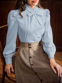 Vintamour Vintage Elegant Women's Blouse With Ruffle Collar, Bowknot Cuff, And Gathered Details, Long Sleeve Casual Work Shirt Women Clothes Homecoming Women Blouses Office Wear Women Women Outfits Tops Long Sleeves Woman Outfits Women Shirts Women Clothes Long Sleeve Blouse Clothing Women Tops Cottage Core Birthday Women Outfits Christmas Shirt Work Women Blouses Spring - Blue - View 5