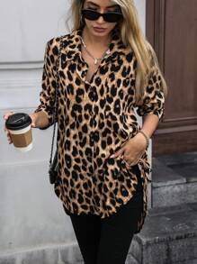 SHEIN LUNE Women Leopard Print Long Sleeve Button-Front Casual Shirt With Pockets, Autumn Fall Cloth For Women - Multicolor - View 1