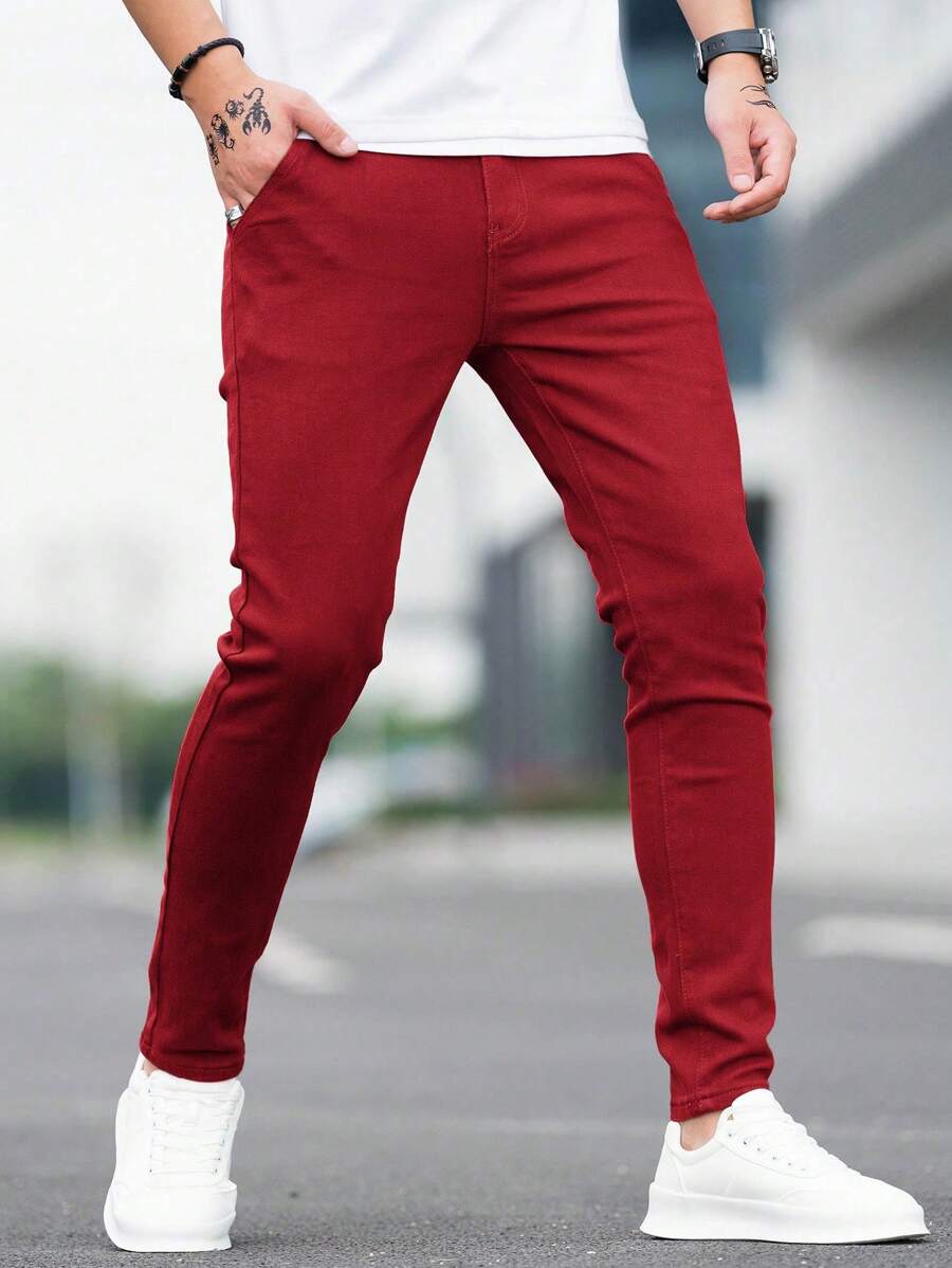 Manfinity Homme Men's Casual Denim Jeans, Minimalist & Fashionable For Daily Wear - Red - View 1