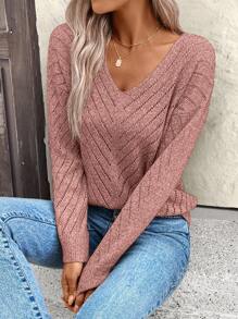 EMERY ROSE 女士宽松休闲镂空几何针织 V 领毛衣新年衣服