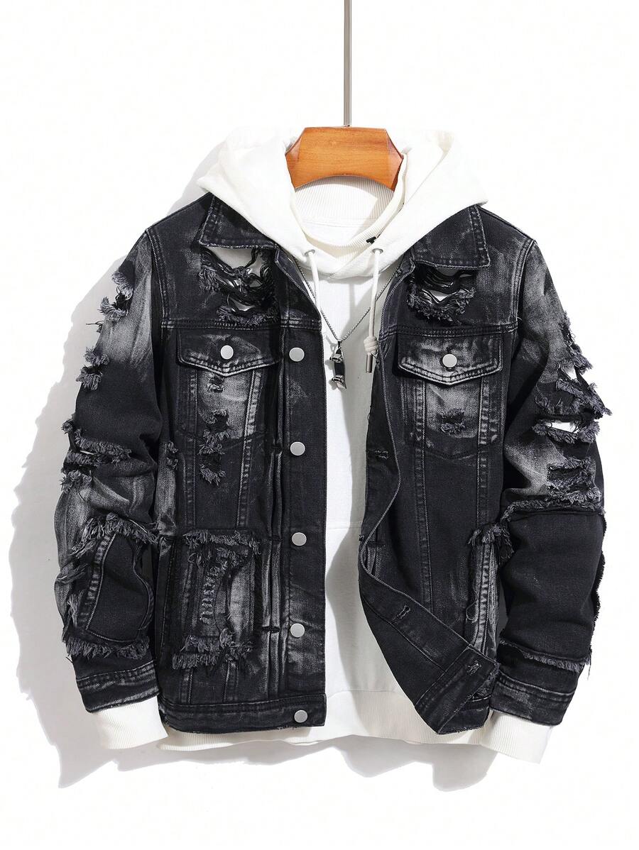 Manfinity Homme Men's Casual Long Sleeve Rapper Street Wear Plain Dark Denim Jacket With Color Block, Front Button Pockets, For Party Going Out Hang Out Disco Vacation Street, For Fall