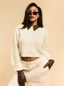 Athîral Barnfit Style-Women Casual Contrast Color Crew Neck Drop Shoulder Cropped Sweater, Autumn/Winter
