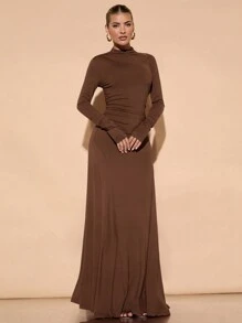 SHEIN BAE 优雅纯色勃艮第红色长袖立领不对称肩部褶皱连衣裙，适合鸡尾酒会、浪漫约会、秋冬分层穿着、派对、婚礼、万圣节、圣诞节 - 咖啡棕 - 查看 4