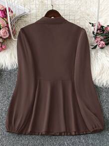 SHEIN Franclia 女士休闲纯色翻领褶边衬衫女士衬衫 - 咖啡棕 - 查看 2