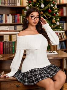 SHEIN EZwear Suéter blanco de hombros descubiertos de talla grande, otoño/invierno