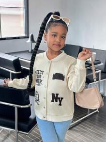 Tween Girls American Baseball Bomber Jacket, Warm Printed Punk Outerwear For Spring Autumn Winter - Apricot - View 7