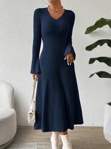 SHEIN Clasi 1 件女士优雅系腰喇叭袖针织长袖连衣裙 - 藏蓝色 - 查看 1