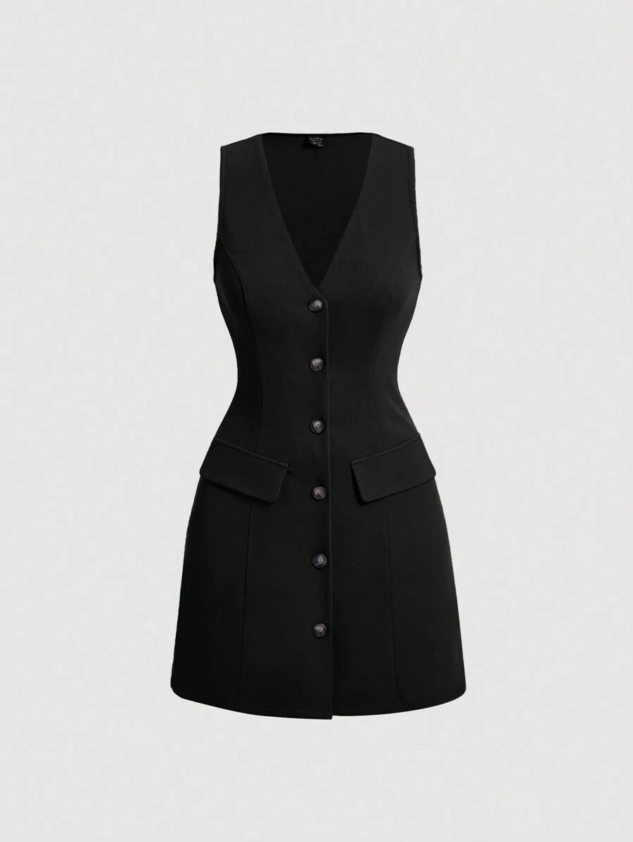 SHEIN MOD 1 件女士纯色 V 领前扣无袖优雅连衣裙 - 黑色 - 查看 1