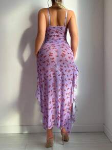 2pcs Set: Sexy Ditsy Floral Ruffle Hem Slit Fitted Dress - Purple - View 2