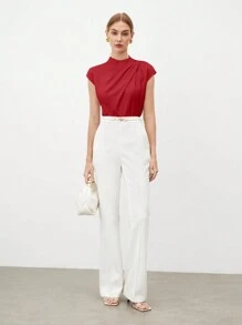 SHEIN BIZwear Women's Solid Color Stand Collar Pleated Sleeve Elegant Commuting Shirt - Red - View 6