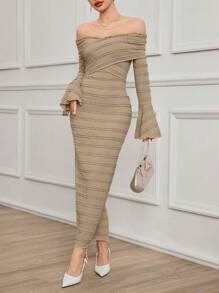 Modelyn 1pc Dames Getextureerde Jacquard Slim Fit Flare Mouw Midi Jurk Lange Avondjurken