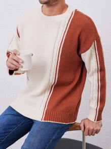 Pull en tricot à col rond décontracté, bicolore, pour l'automne/hiver