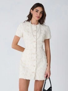 Enchnt Spring/Summer Romantic  Women's Apricot Exquisite Flower Pearl Button Decor Pocket Short Sleeve Fancy Yarn Tweed Mini Dress,Sweet&Elegant Outfit For Sweet Date Night &Wedding Guest Dress Women &Holiday & Graduation Dress&Daily Commuting&Vacation&Garden Parties & Concert Outfit Women